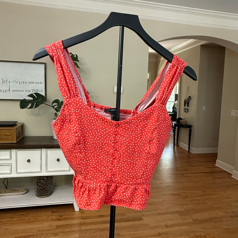 Forever 21 Red Polka Dot Peplum Button Front Tank Top Womens Medium Smocked Back